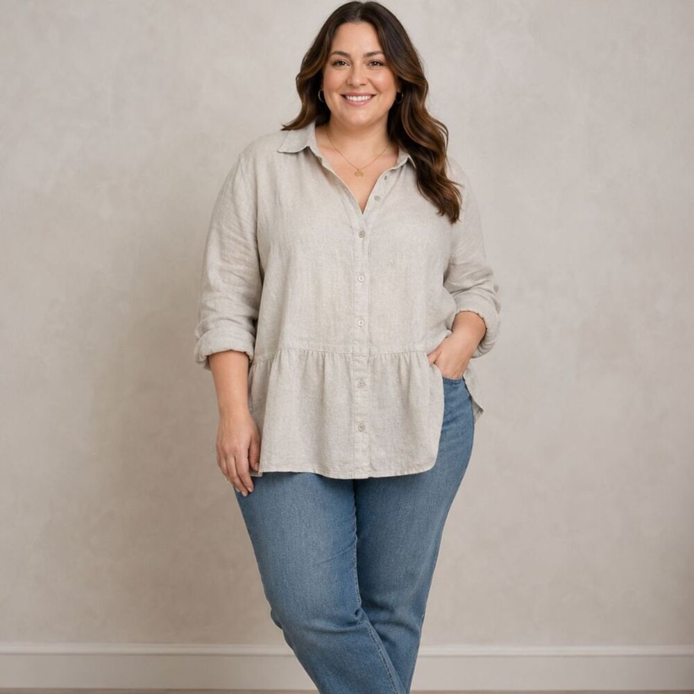Tahari Button Down Blouse Linen Top Peplum Ruffle Hem Cottage Peasant Size 2X